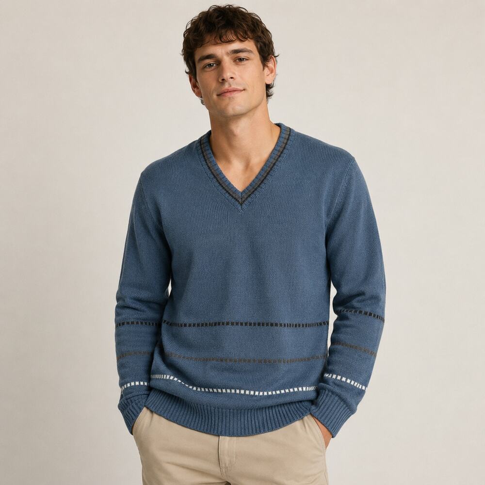 Vintage 1970s Kennington Blue Striped Collared V-Neck Sweater L